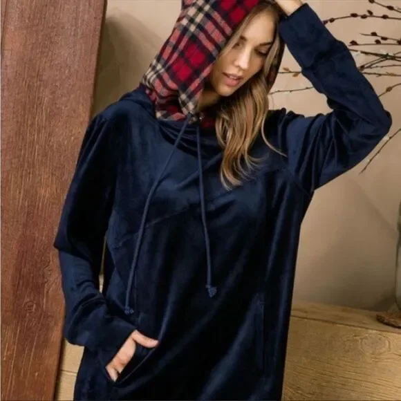 Blue Velvet Contrast Plaid Hooded Cozy Mini Dress - Picture 6 of 7
